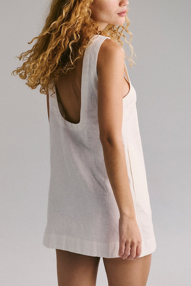 Chambray Crew Neck Sleeveless Shift Mini Dress