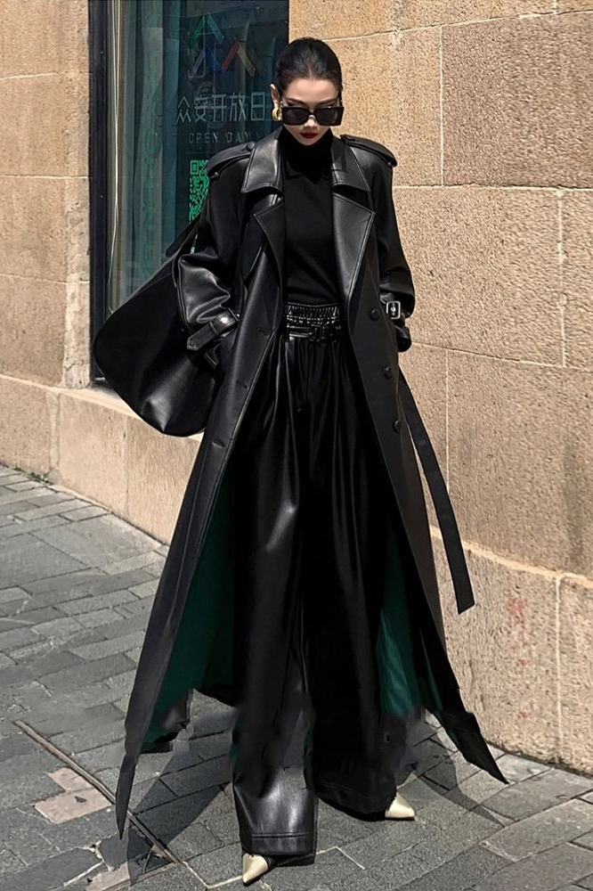 Layered PU Leather Waist-Cinching Long Overcoat - Fashionpara