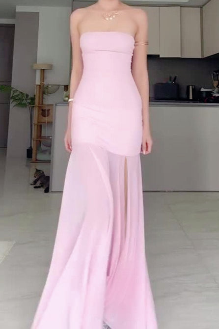 Strapless Sheer Slit Maxi Birthday Dress
