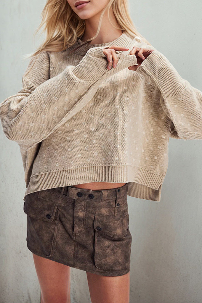 Heart Print Loose Fit Cropped Sweater for Cozy Style