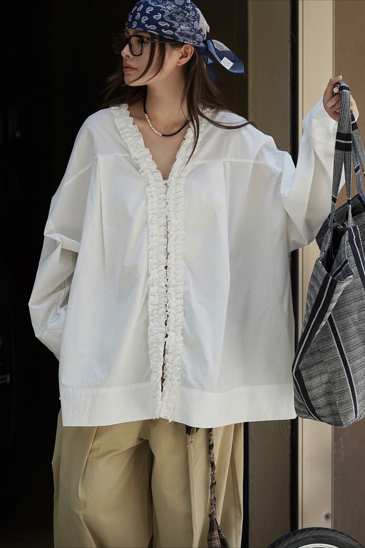 Ruffled Patchwork Long Sleeve Blouse