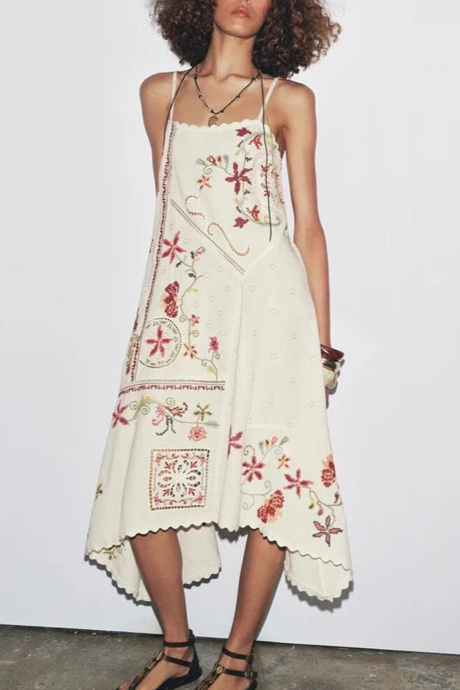 Embroidered Square Neck Spaghetti Strap Slip Midi Dress 8
