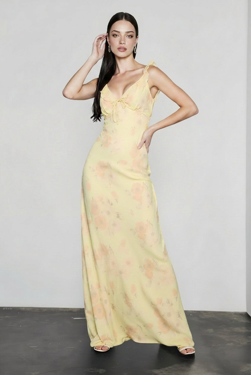 Floral V-Neck Ruffle Trim Tie Front Slip Maxi Dress 2