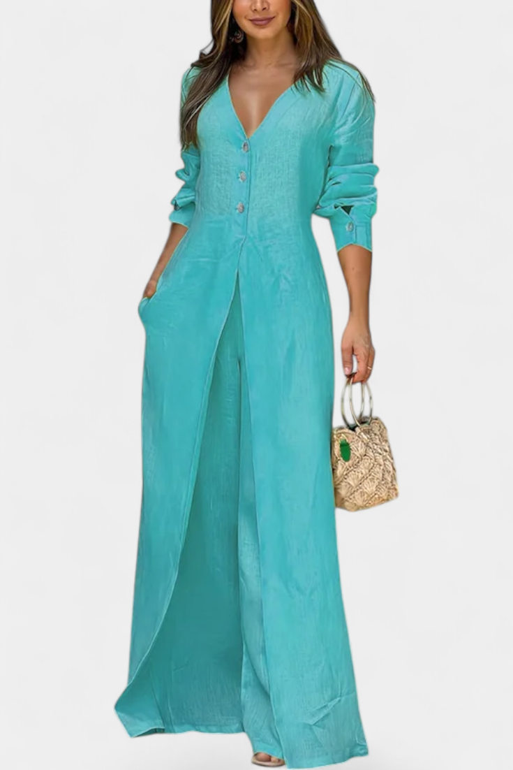 V-Neck Button Front Longline Top and Wide Leg Pants Two Piece Set 6