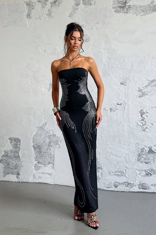 Rhinestone Embellished Strapless Bodycon Maxi Dress