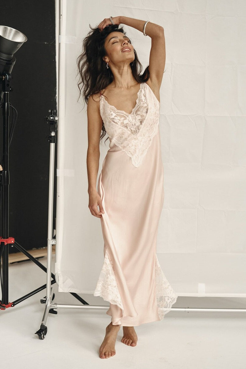 Satin V-Neck Lace Trim Slip Maxi Dress