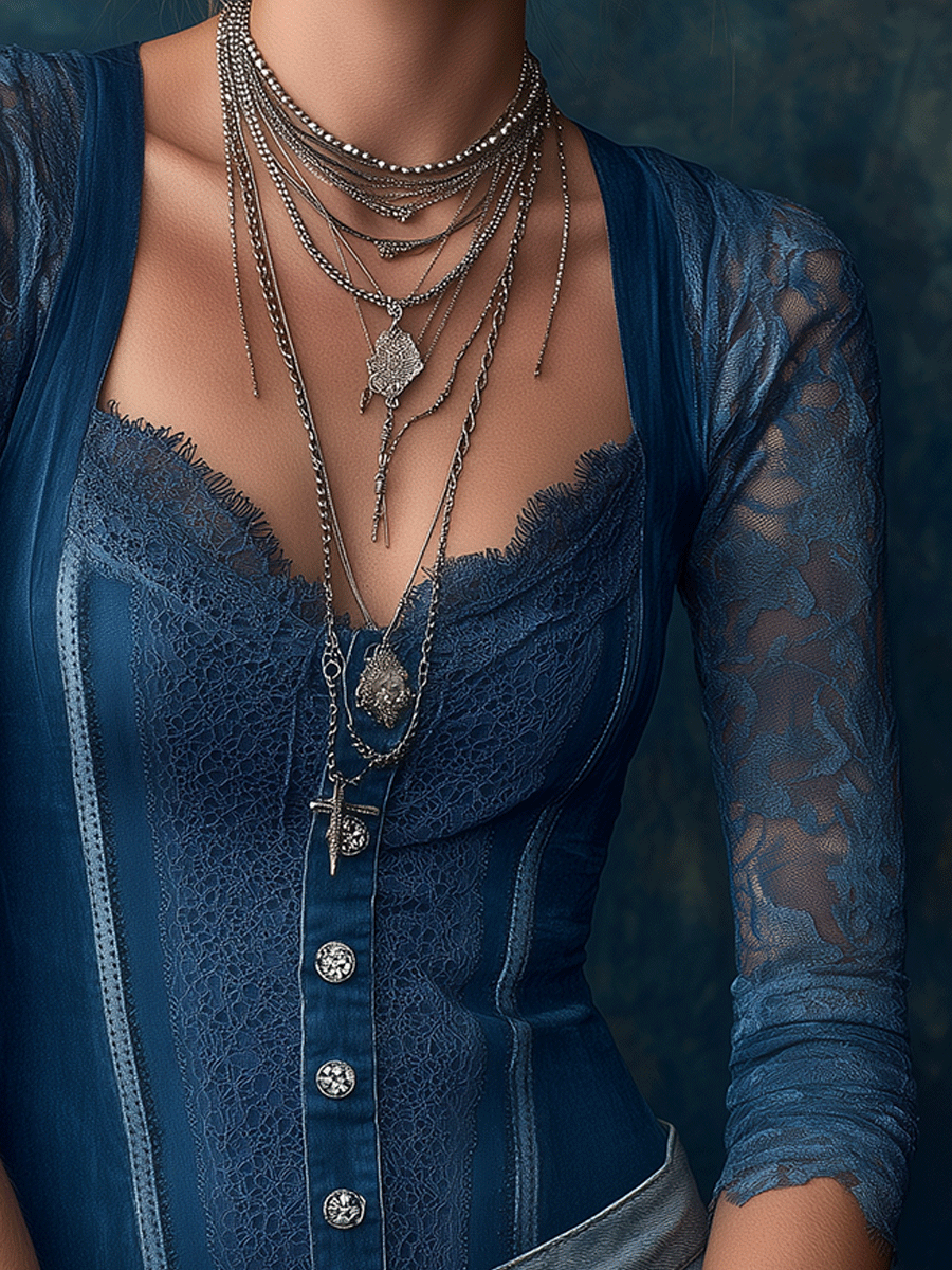 Romantic Lace-Sleeve Denim Corset Denim Blouse