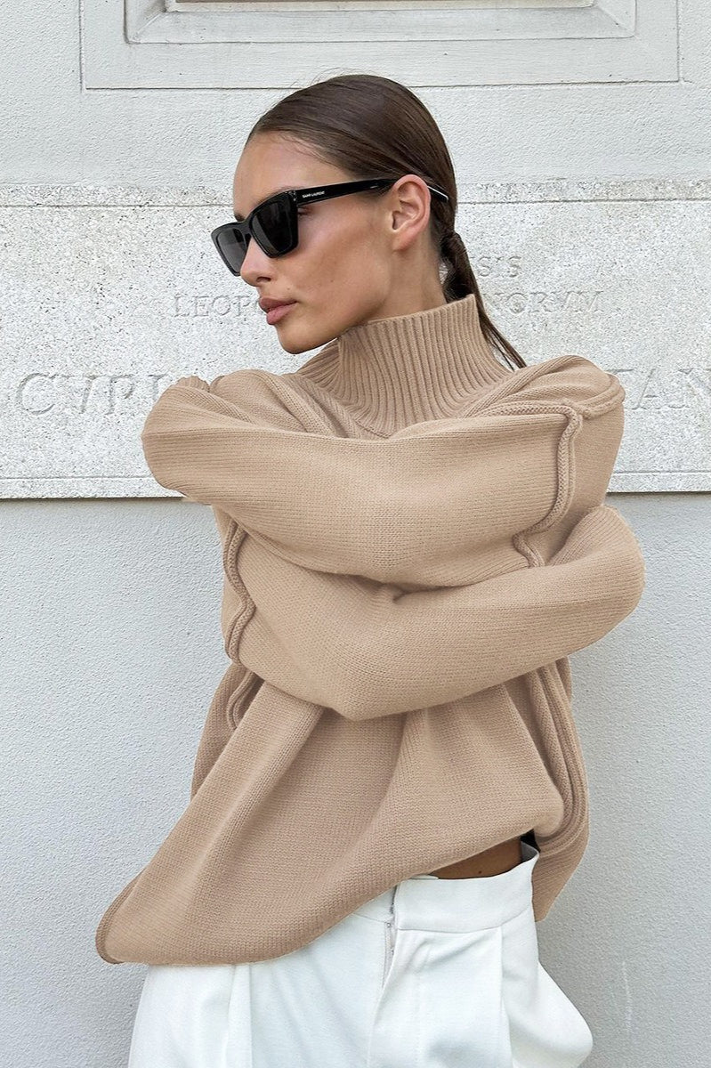 Color Block High Neck Knit Sweater