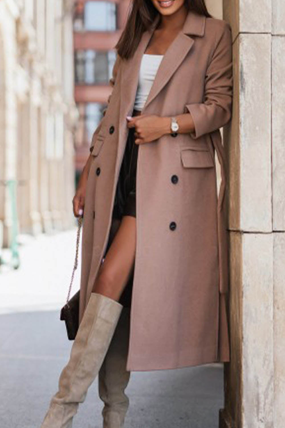 Simple Long Sleeve Suit Collar Lace Up Woolen Coat - Fashionpara