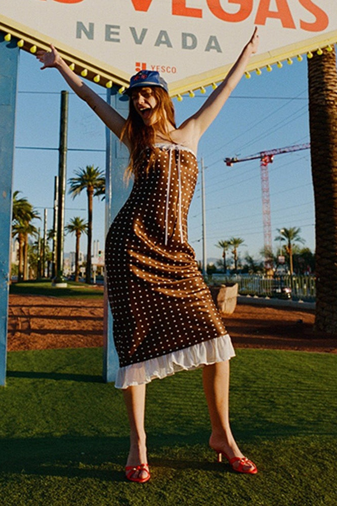 Polka Dot Strapless Tie-Front Satin Slip Maxi Dress