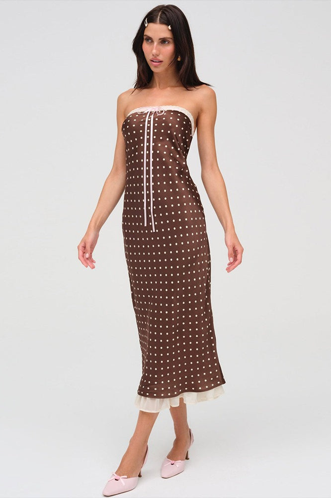 Polka Dot Strapless Tie-Front Satin Slip Maxi Dress