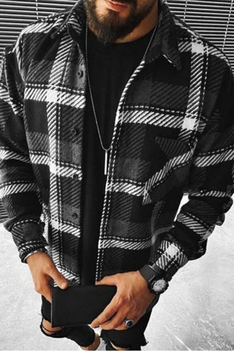 Men's Colour Block Plaid Long Sleeve Lapel Cardigan Check Print Shirt - Fashionpara