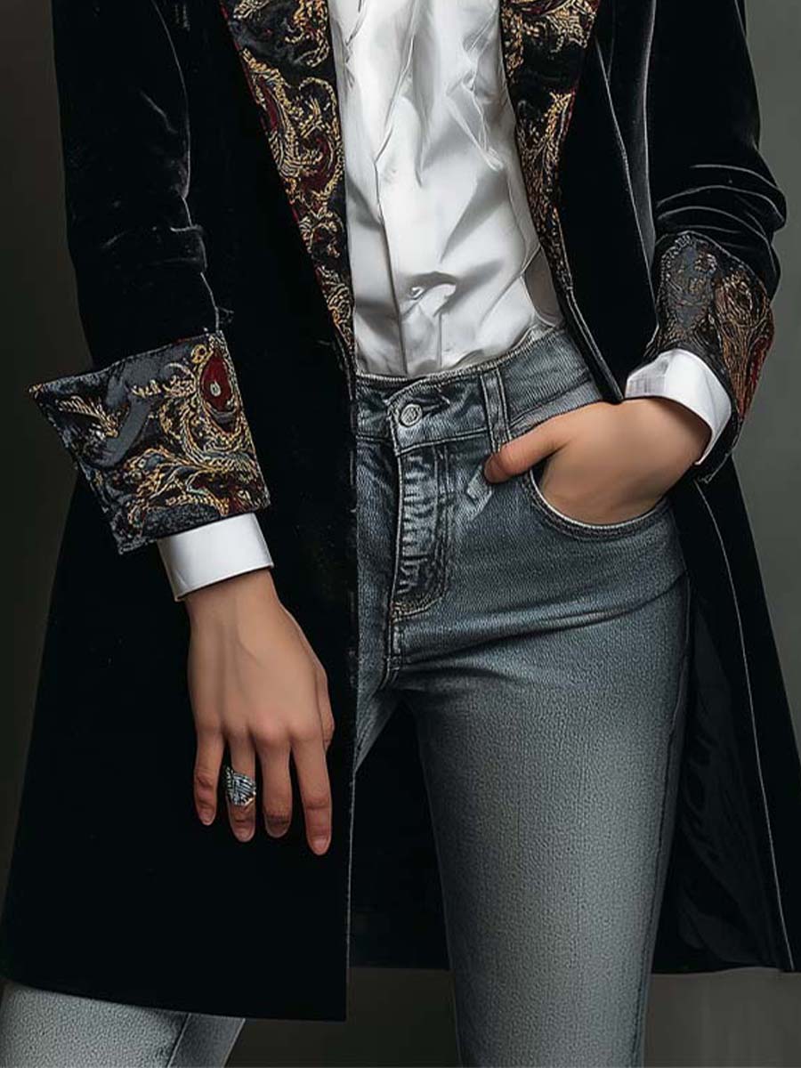 Baroque Embroidered Lapel Velvet Longline Blazer 6