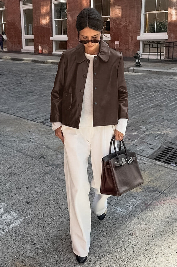 Chic Brown PU Crop Coat for Effortless Everyday Style