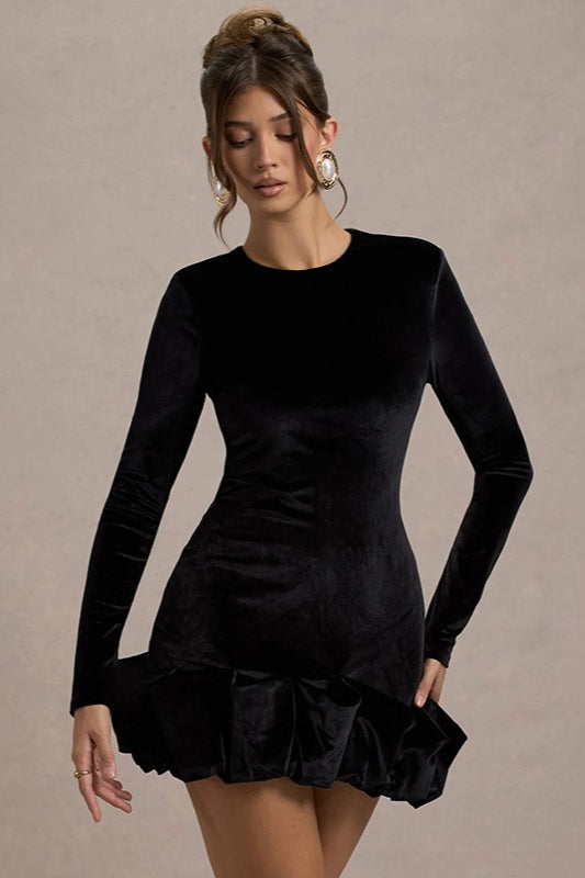 Luxe Velvet Crew Neck Pleated Long Sleeve Mini Dress - View 5