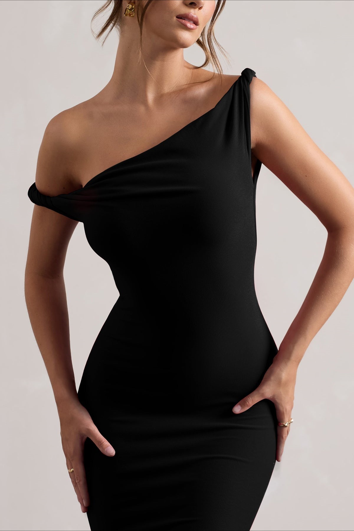 One-Shoulder Draped Jersey Fishtail Maxi Gown