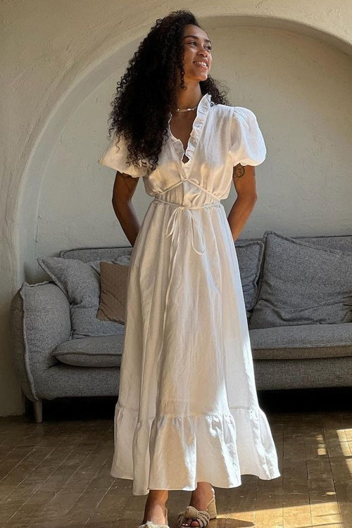 Linen Ruffle V-Neck Puff Sleeve Tiered Maxi Dress