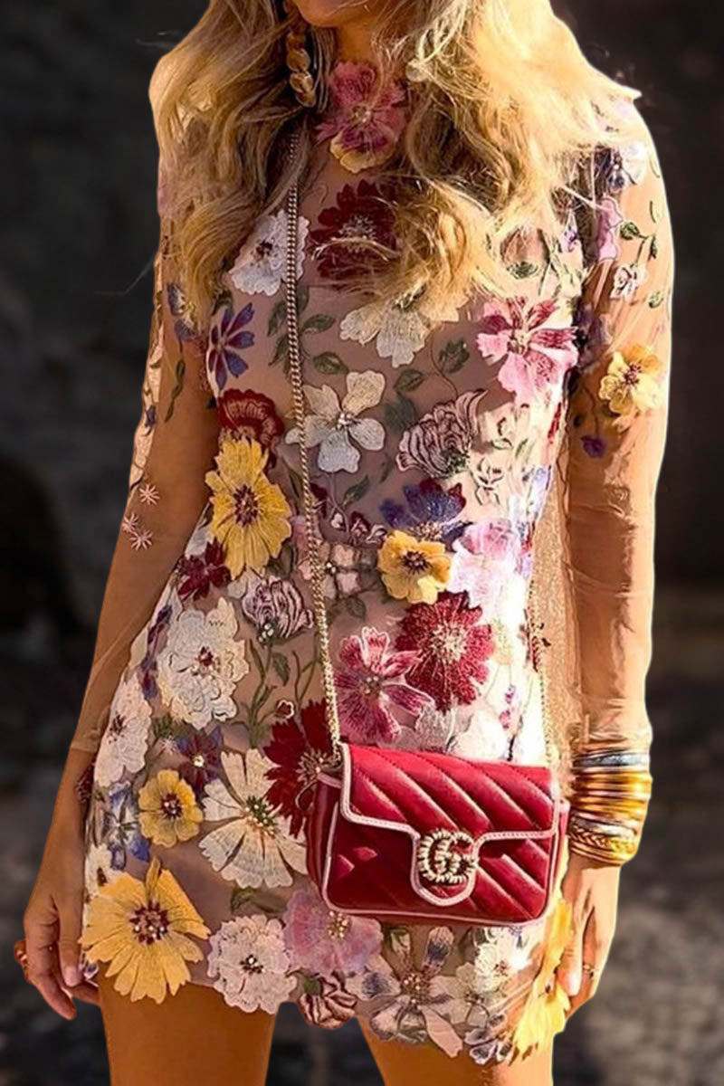 3D Lace Flower Embroidered Long-sleeved Fitted Dress - Fashionpara