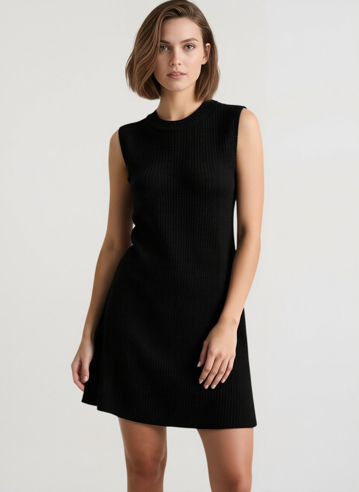 Ribbed Knit Crew Neck Sleeveless Sweater Mini Dress