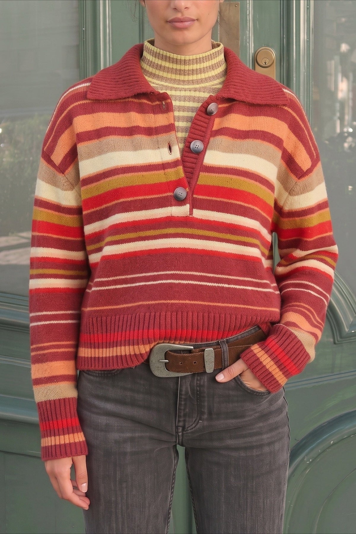 Multicolor Stripe Polo Collar Sweater