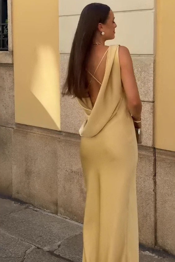 Draped Neck Backless Waist Cinch Formal Dress - View 3