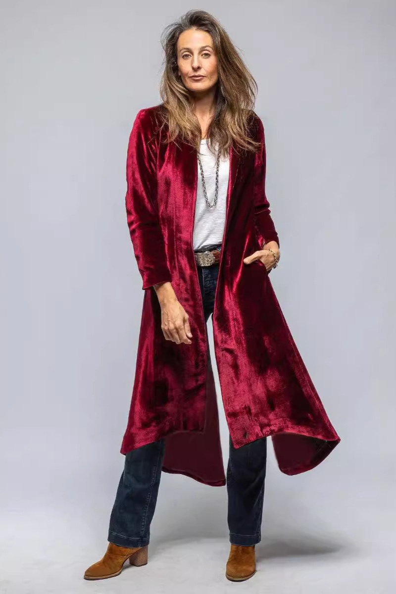 Velvet Solid Vintage Split Long Loose Cardigan Overcoat - Fashionpara