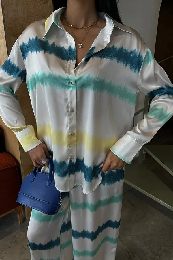 Lizbeth Satin Tie Dye Print Long Sleeve Shirt and Elastic Waist Pocketed Pants Set - Fashionpara