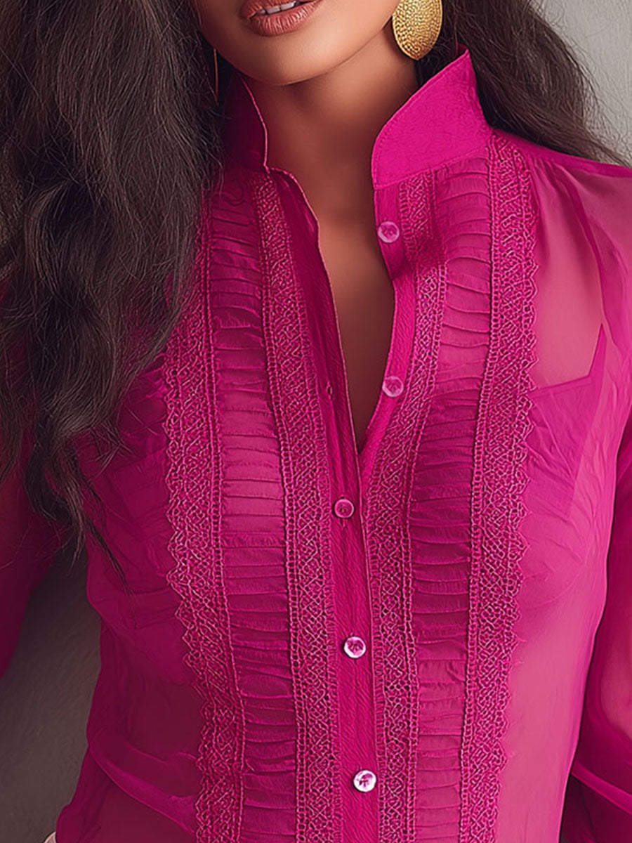 Romantic Hot Pink Sheer Pleated Lace Blouse - Fashionpara