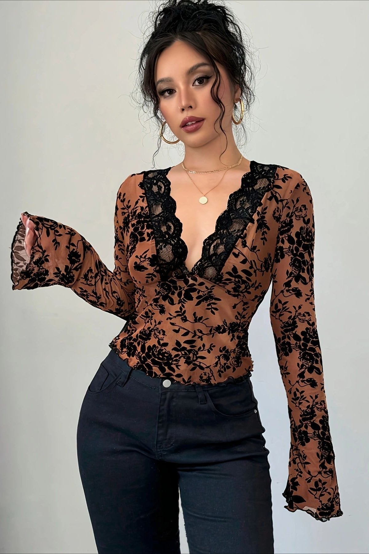 Sheer Lace Flared Sleeve Blouse - Fashionpara