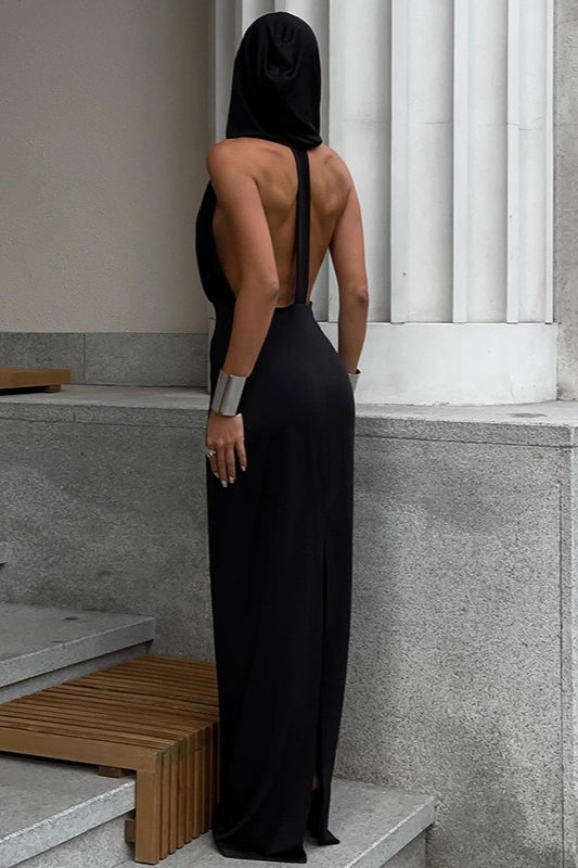 Hooded Plunge Neck Backless Bodycon Maxi Gown 2