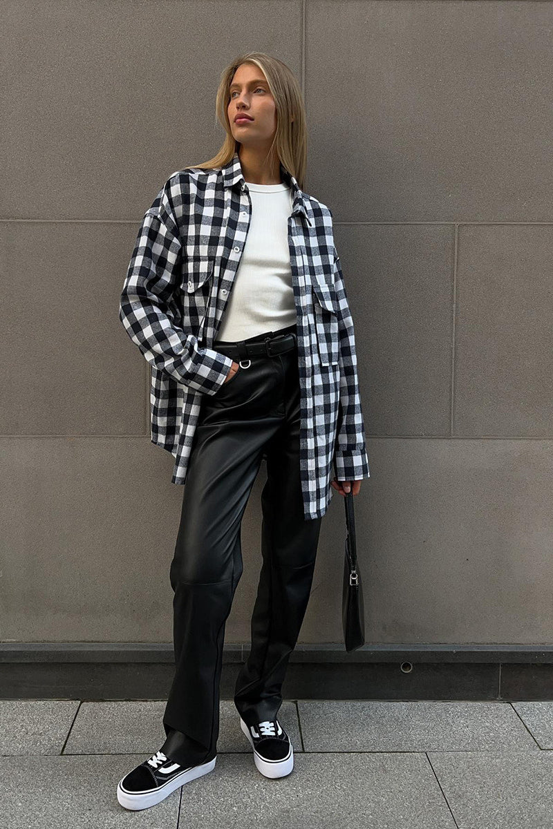 Plaid Mid Length Double Pocket Shirt Blouse