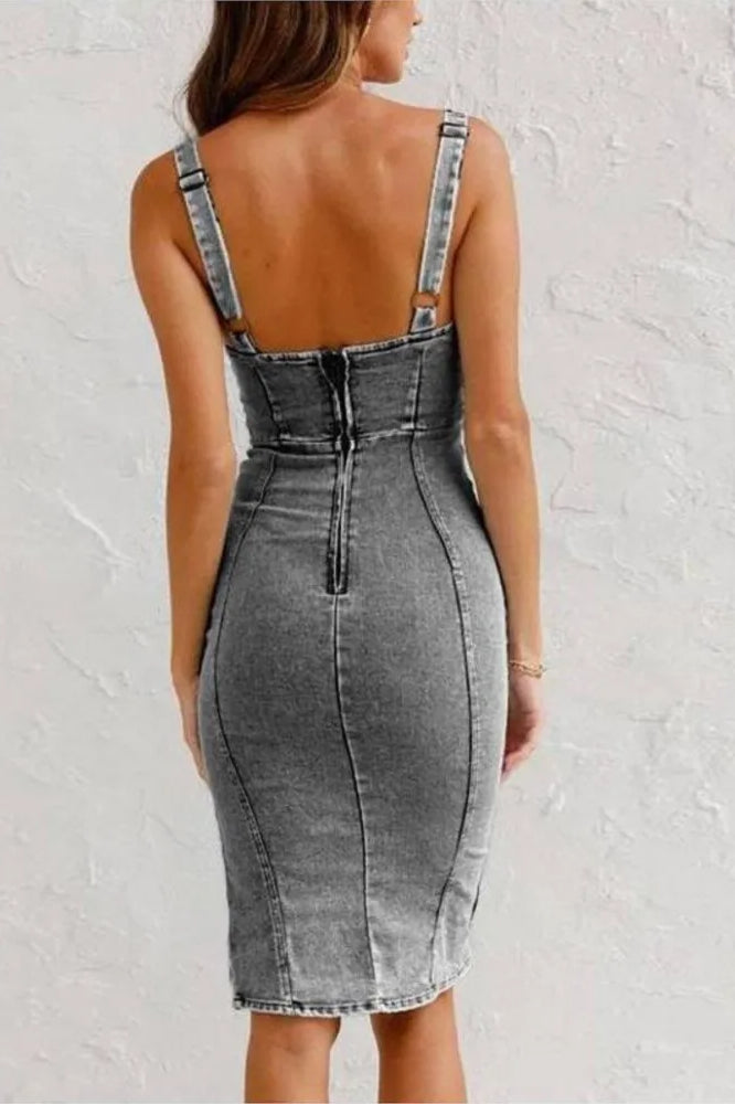 U Neck Halter Denim Midi Dress