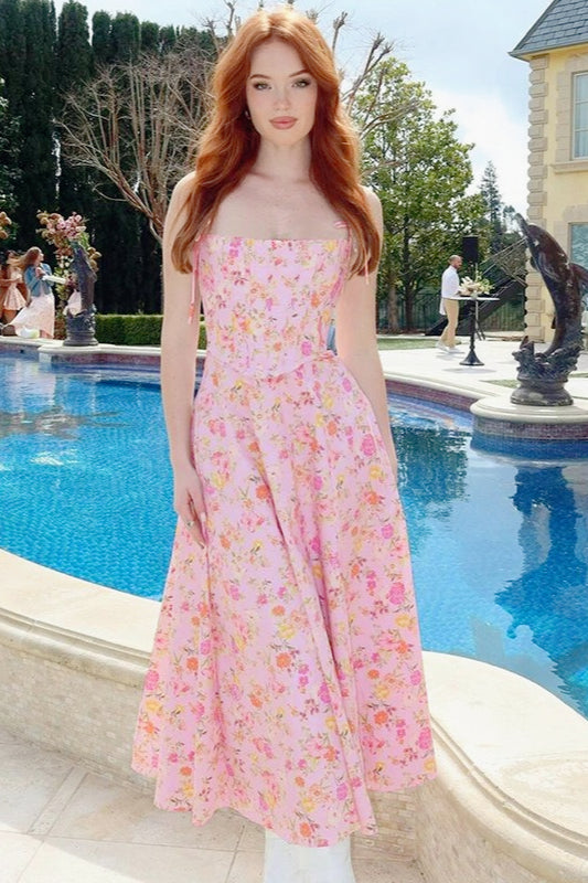 Floral Spaghetti Strap Bustier Corset A-Line Maxi Dress - View 3