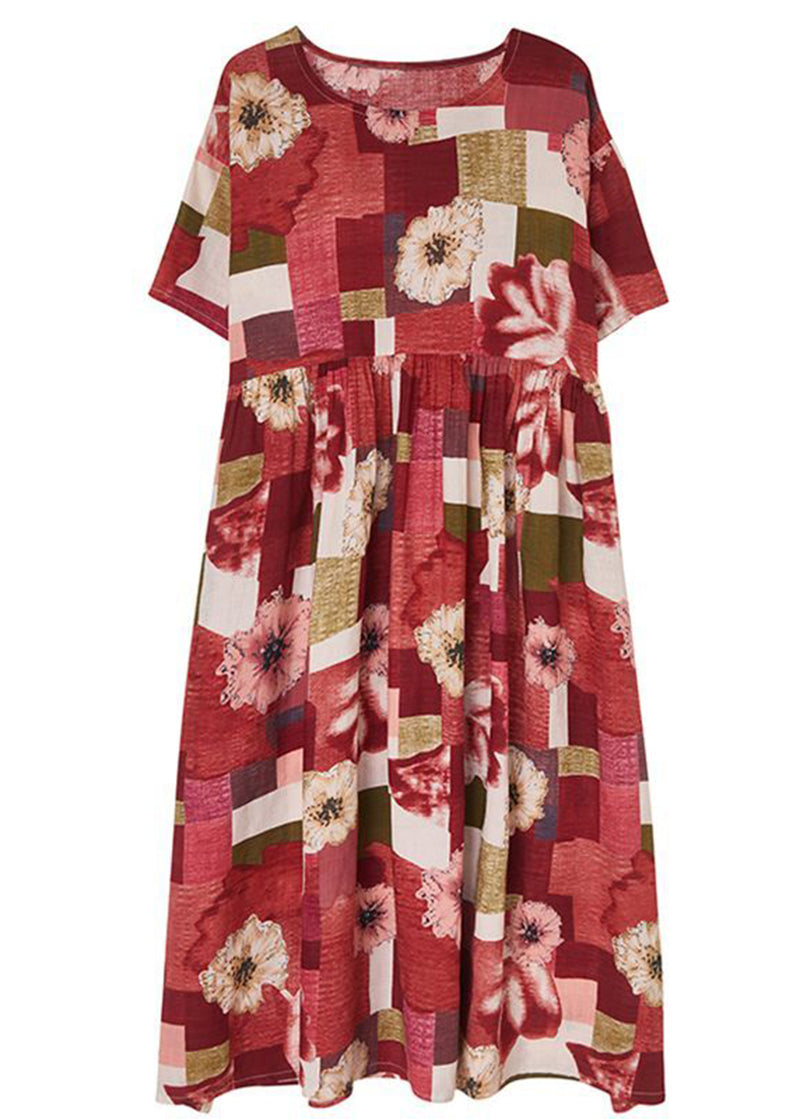 Patchwork Floral Print Round Neck Short Sleeve Empire Waist Midi Dress - View 5