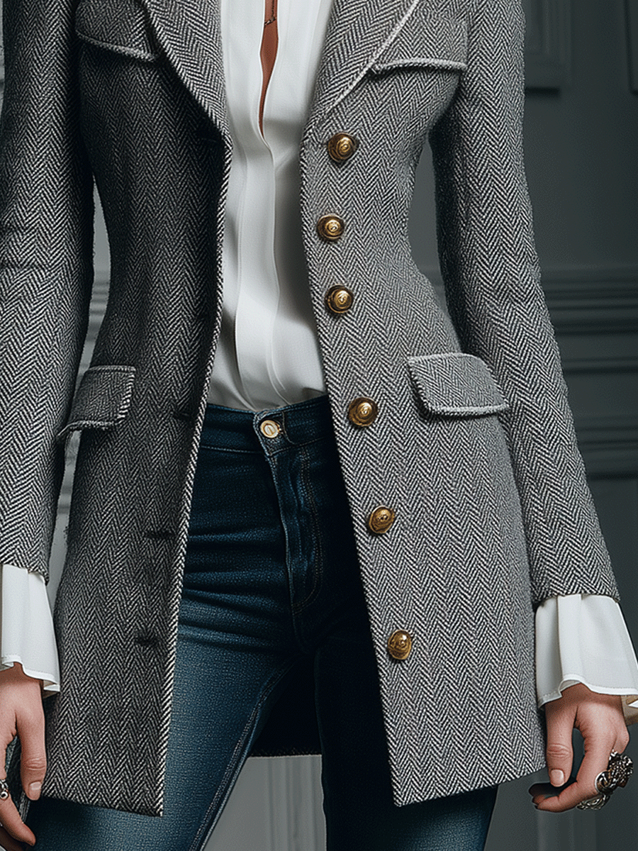 Classic Grey Houndstooth Wool Long Coat