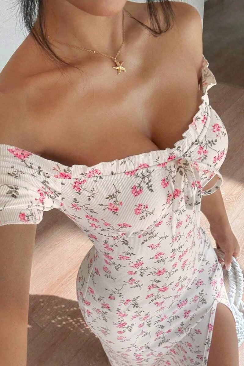 Floral Off Shoulder Puff Sleeve High Split Midi Dress 3