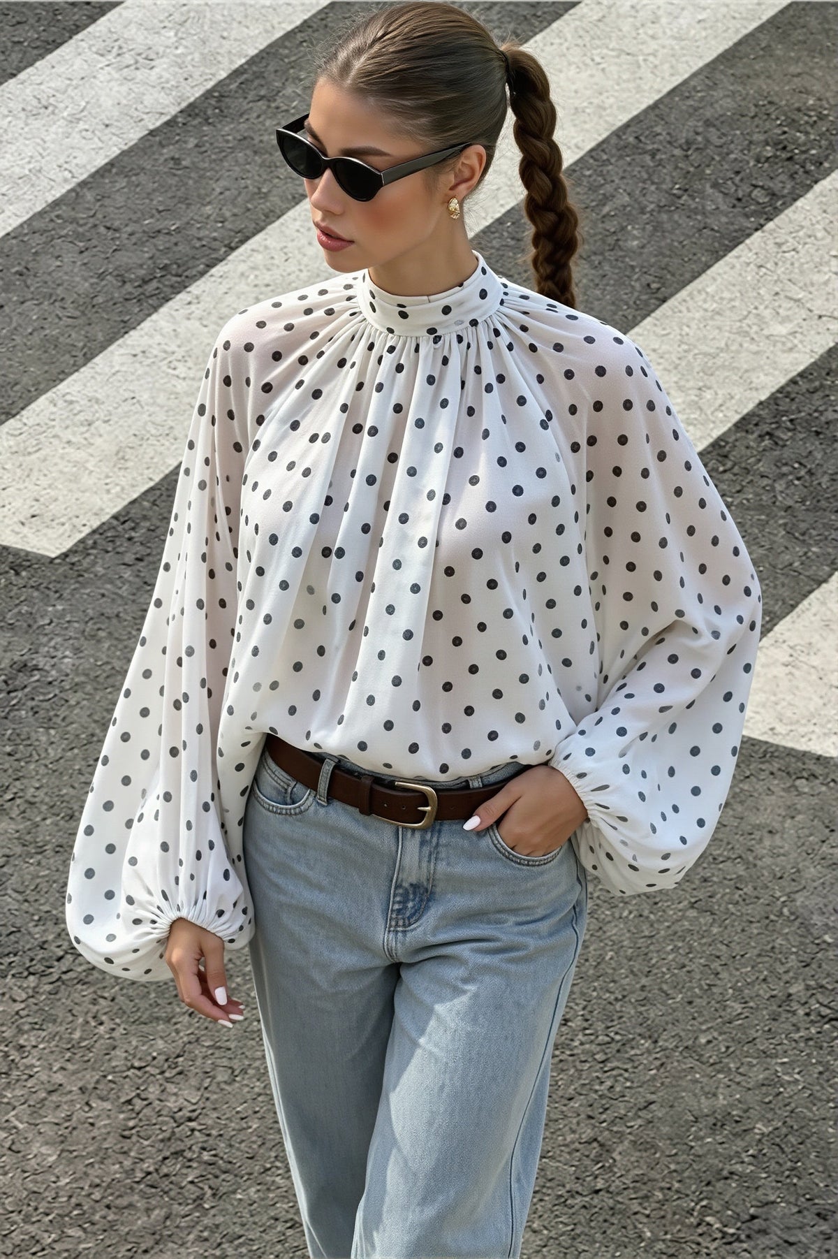 Elegant Polka Dot Bow Neck Blouse