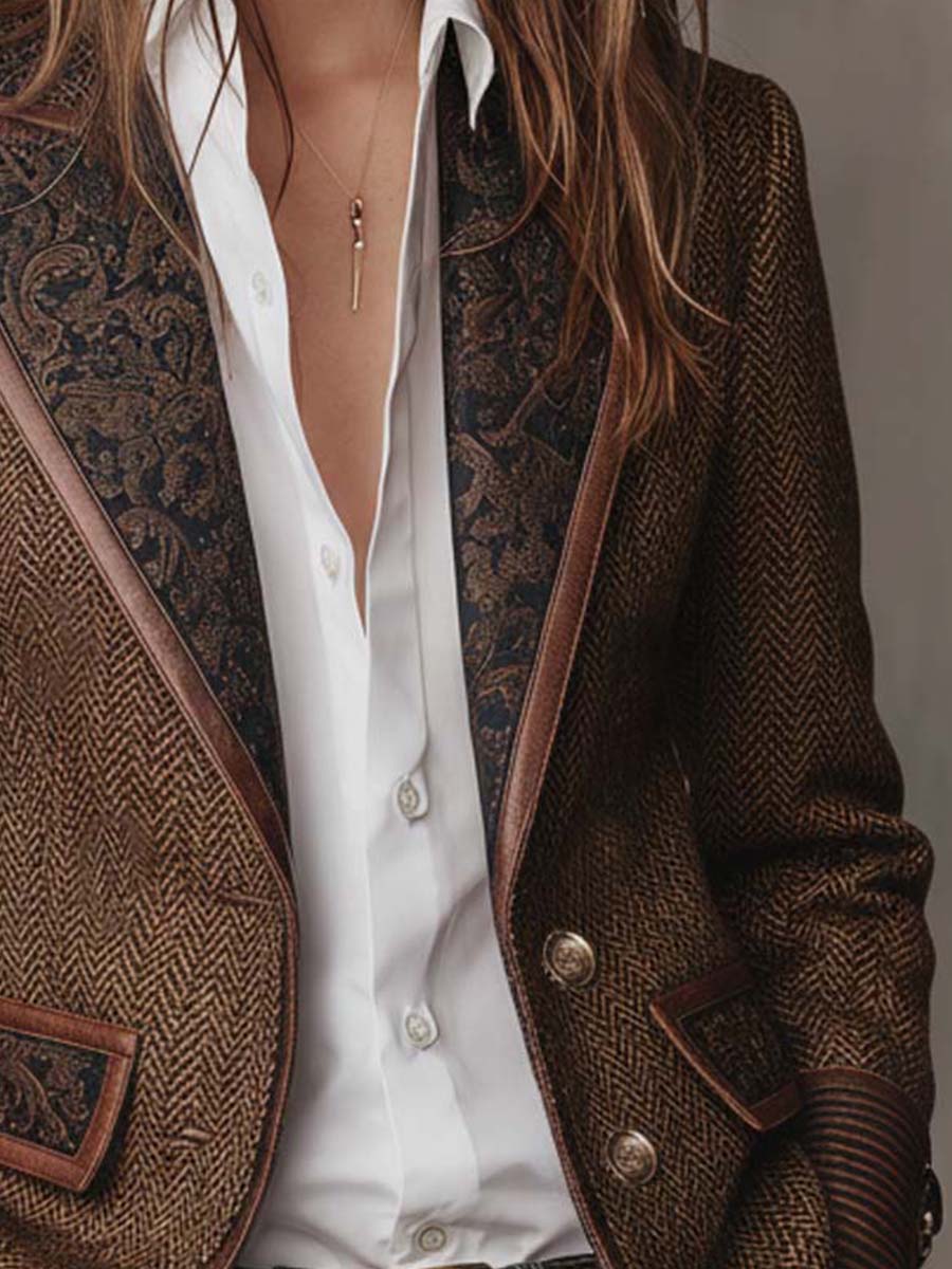 Herringbone Tweed Paisley Panel Faux Leather Trim Blazer 7