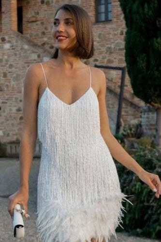 Sequin Fringe Spaghetti Strap Feather Hem Mini Dress