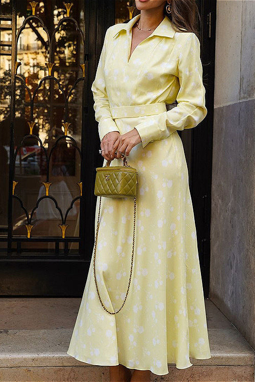 V Neck Long Sleeve Digital Print A Line Floral Dress