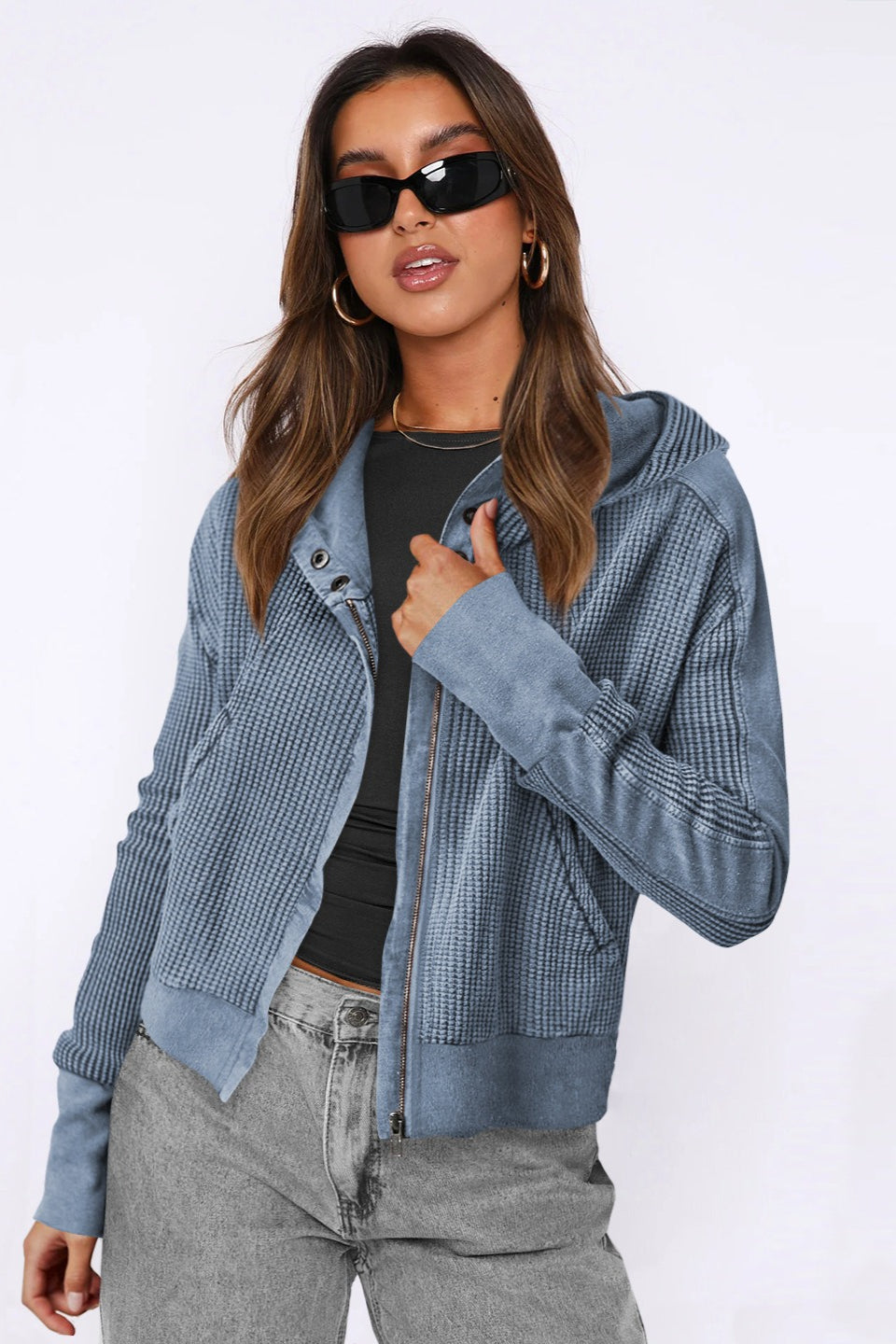 Waffle Texture Zip Front Cropped Hoodie