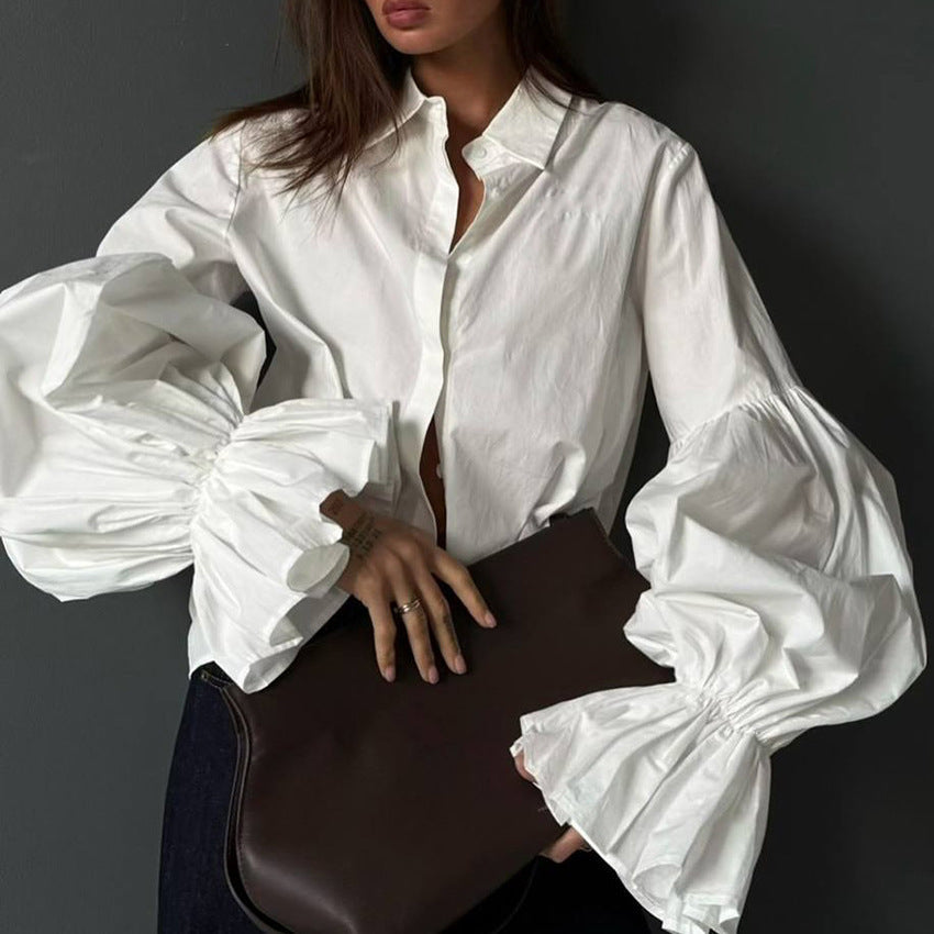 Loose Fit Lantern Sleeve Lapel Blouse
