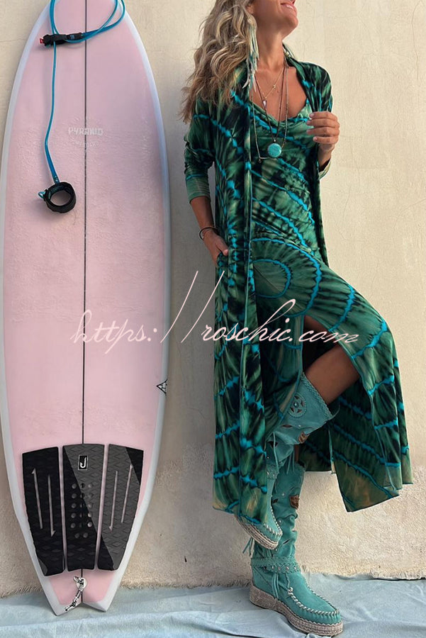Suntan Smiles Tie Dye Print Open Front Long Sleeve Pocketed Kimono Cover-up - Fashionpara