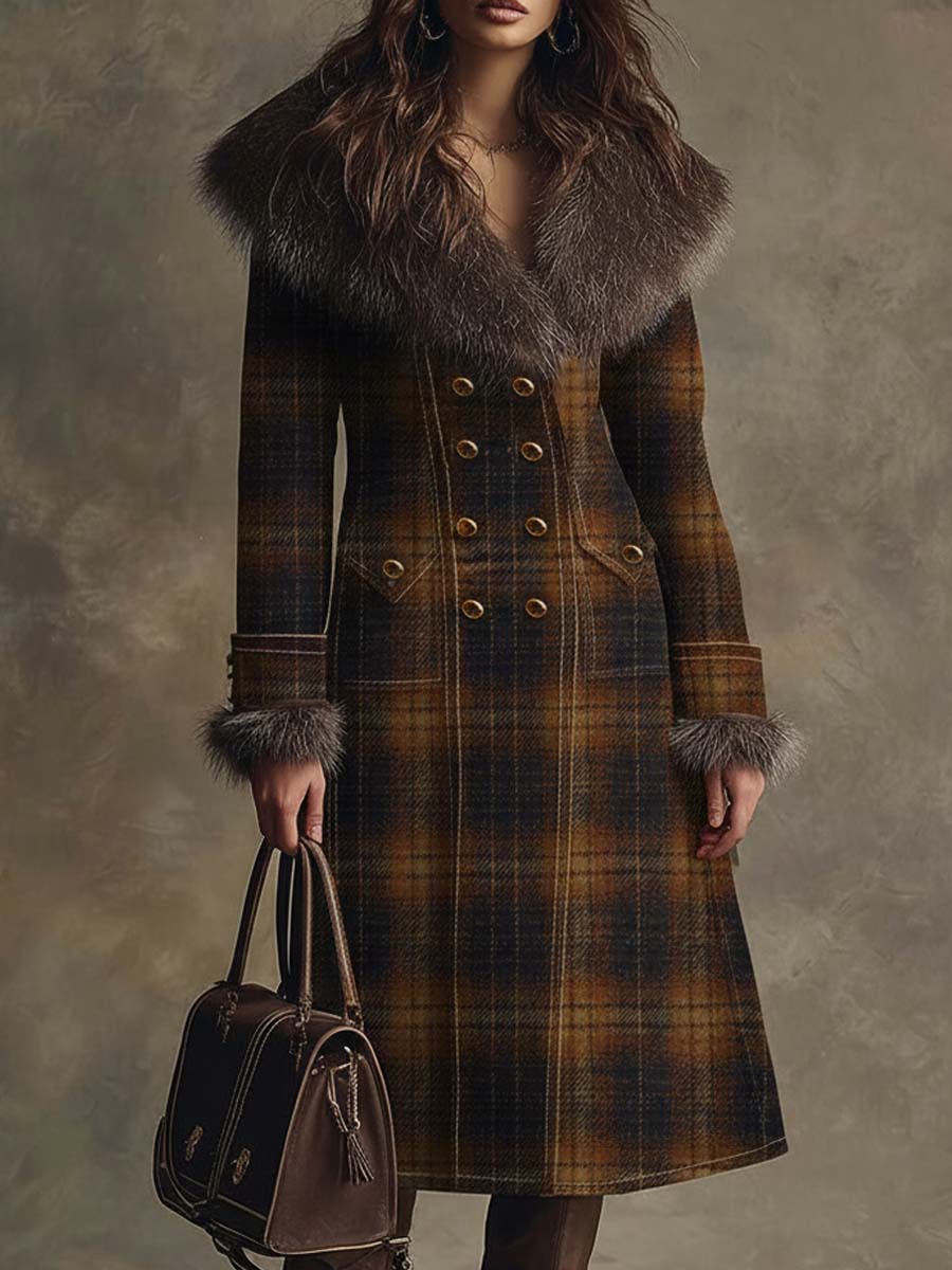 Vintage Plaid Wool-Blend Coat With Detachable Faux Fur Collar - Fashionpara