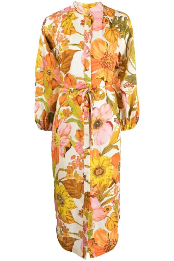 Floral Print Fashion Puff Sleeve Fitted Swing Midi Dress - Fashionpara