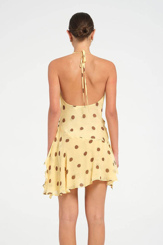 Polka Dot Chiffon Halter Deep V-Neck Ruffle Hem Mini Dress - View 5