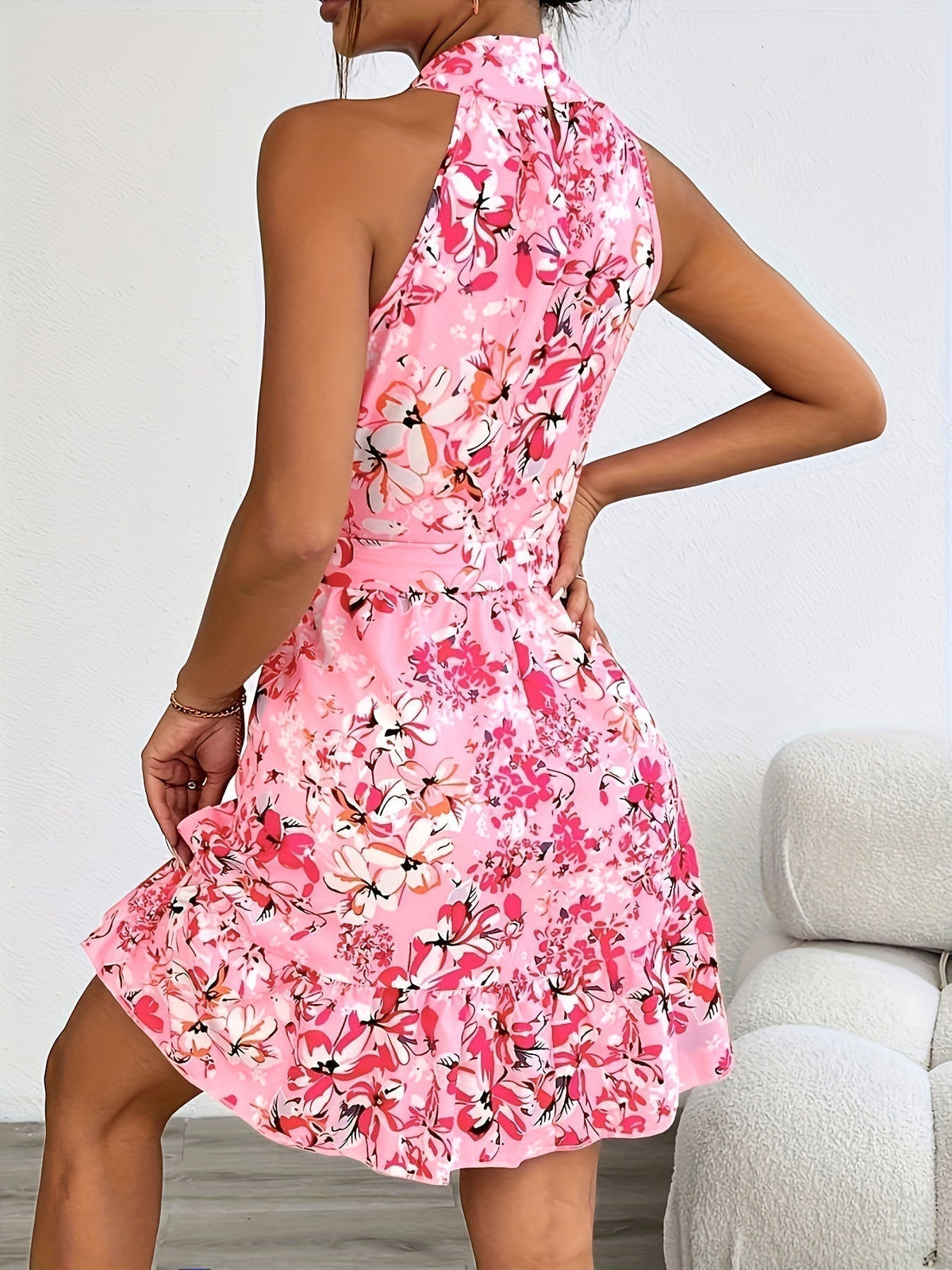 Floral Print Halter Neck Ruffle Hem Sleeveless Mini Cocktail Dress