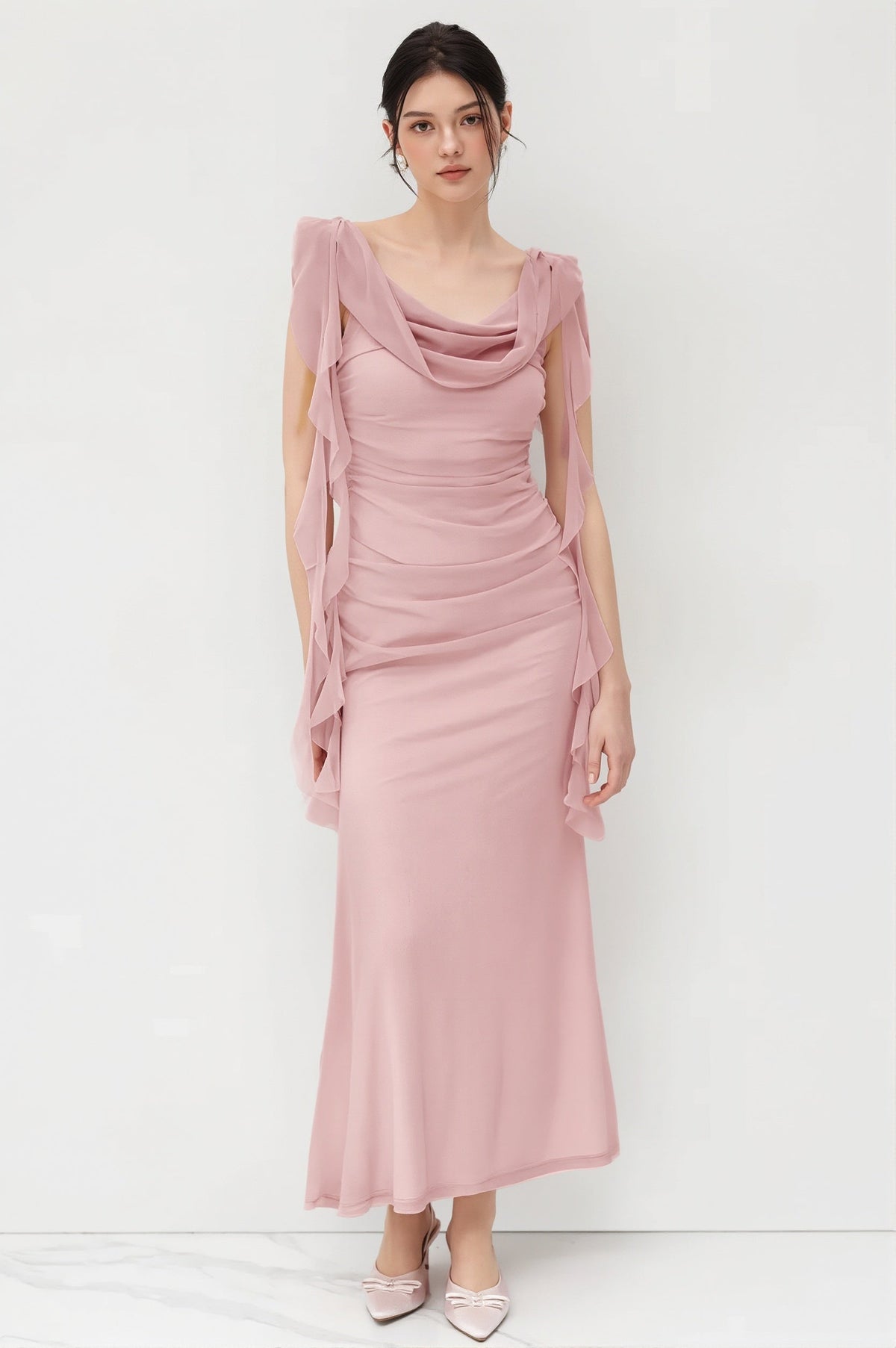 Chiffon Cowl Neck Ruffle Sleeve Mermaid Gown