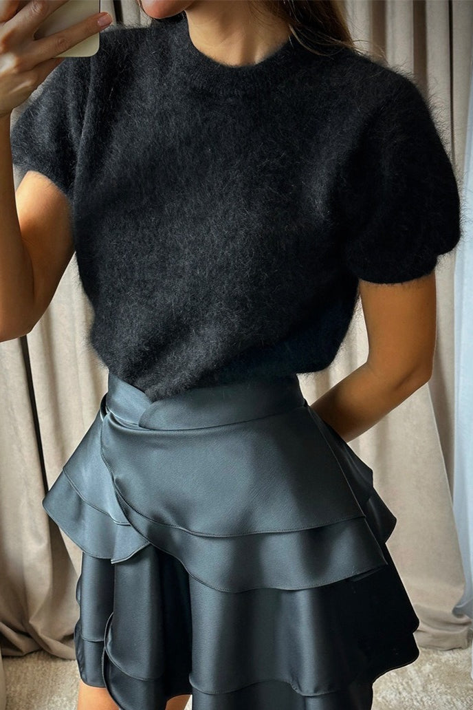 Fuzzy Short Sleeve Crew Knit Sweater