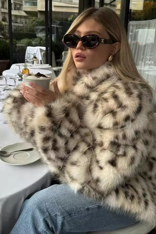 Faux Fur Leopard Pattern Coat - Fashionpara